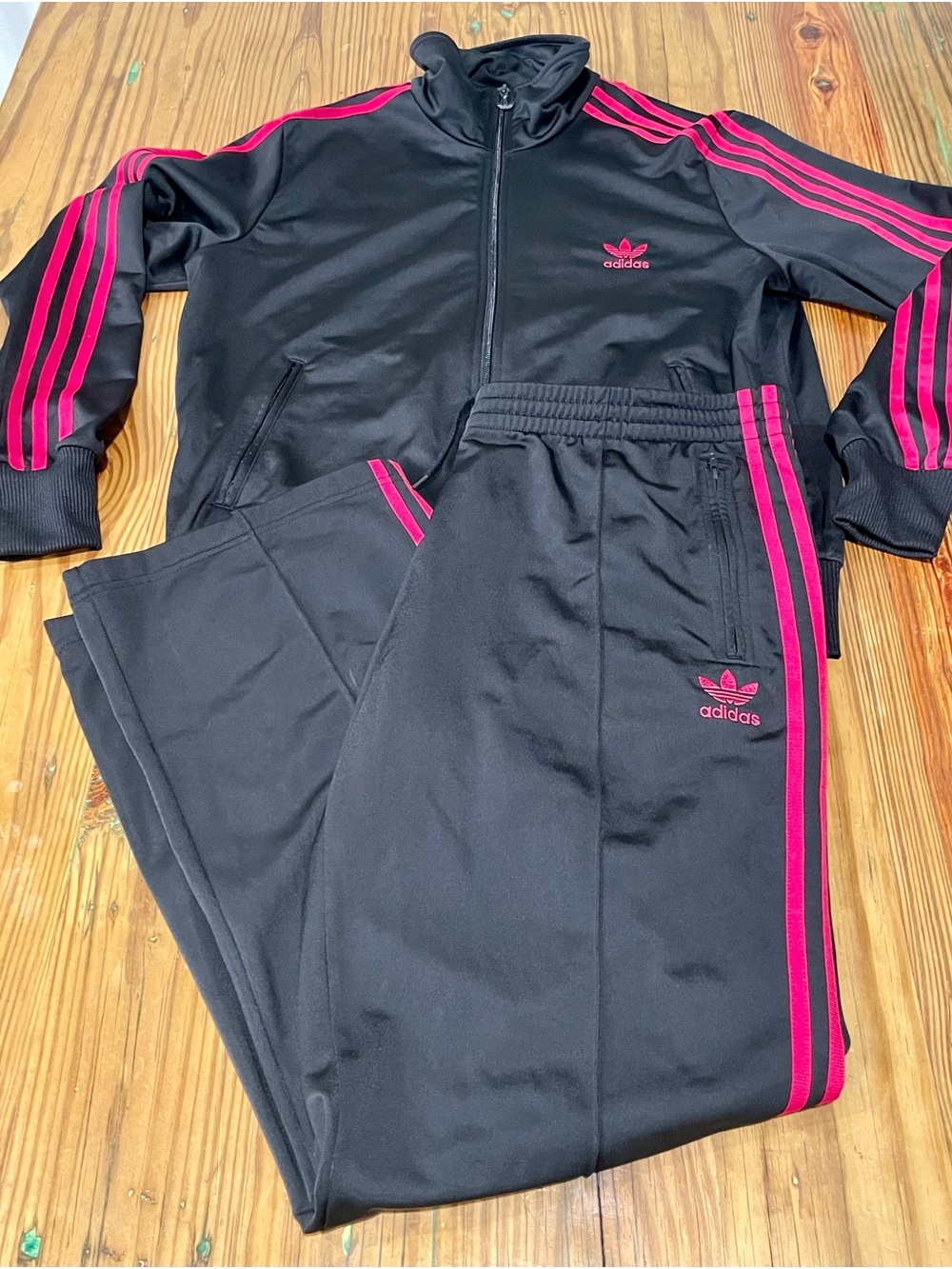 Adidas Originals Tracksuit Set Women XL Black Pink Big Trefoil Logo Jacket Pants